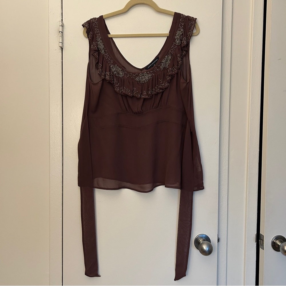 French Connection Sheer Silk Sleeveless Top with Beaded Bib in Brown (Size 12)